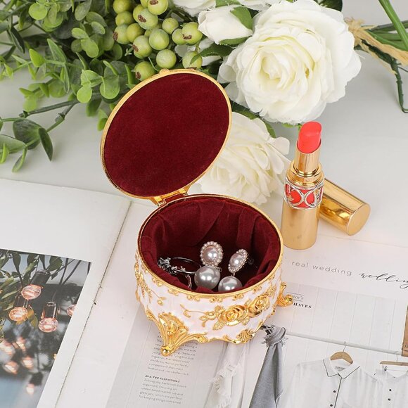 Women Vintage Round Trinket Storage Organizer Box Gold Metal Case Treasure Box - Picture 4 of 9